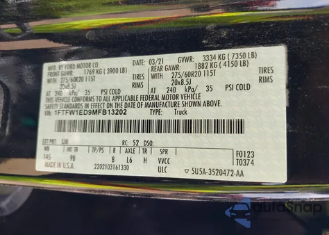 2021 Ford F-150 Platinum z USA, uszkodzony, nr VIN 1FTFW1ED9MFB13202